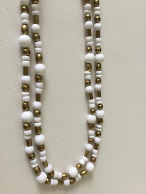Gold tone white plastic long beaded fashion necklace