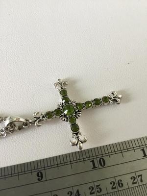 Beautiful unmarked green rhinestone cross necklace