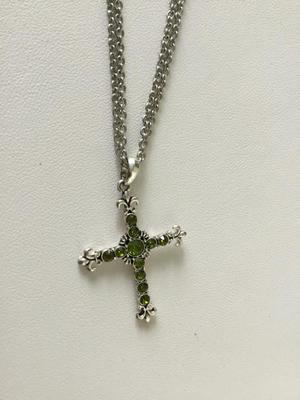 Beautiful unmarked green rhinestone cross necklace