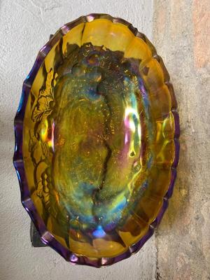 Carnival glass, marigold, avocado and amber