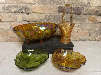 Carnival glass, marigold, avocado and amber
