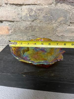 Carnival glass, marigold, avocado and amber
