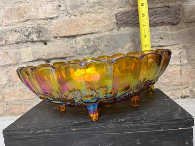 Carnival glass, marigold, avocado and amber