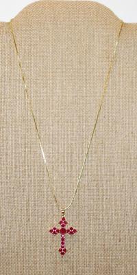 Cranberry Red Bejeweled Cross PENDANT (1½" x 1") on a Gold Tone Rope Necklace Chain 18" L