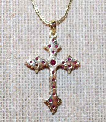 Cranberry Red Bejeweled Cross PENDANT (1½" x 1") on a Gold Tone Rope Necklace Chain 18" L