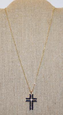 30 Dark Blue Marquis Cut Stones Cross PENDANT (1" x ¾") on a Gold Tone Necklace 18" L