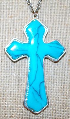 Large Blue Crackle Cross PENDANT (3" x 2") on a Dark Silver Tone Chain 30" L