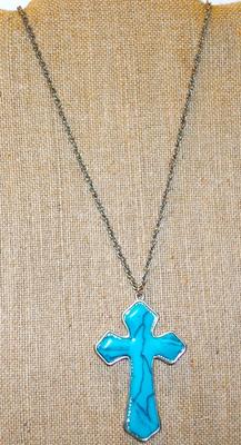 Large Blue Crackle Cross PENDANT (3" x 2") on a Dark Silver Tone Chain 30" L