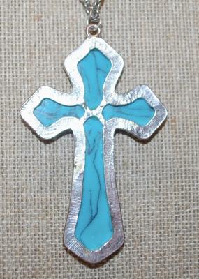 Large Blue Crackle Cross PENDANT (3" x 2") on a Dark Silver Tone Chain 30" L
