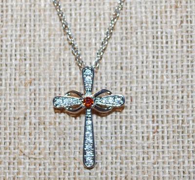 Infinity Set with Center Red Stone Cross PENDANT (1" x ¾") & Rounded Points on a Silver Tone Necklace Chain 17" L