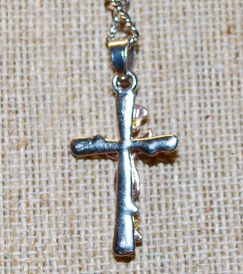 Rose Gold Rose on Silver Tone Cross PENDANT (1¾" x ¾") on a Silver Tone Necklace Chain 24" L