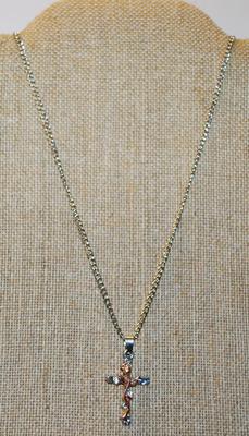 Rose Gold Rose on Silver Tone Cross PENDANT (1¾" x ¾") on a Silver Tone Necklace Chain 24" L