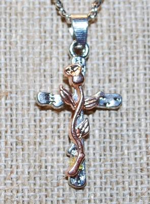 Rose Gold Rose on Silver Tone Cross PENDANT (1¾" x ¾") on a Silver Tone Necklace Chain 24" L