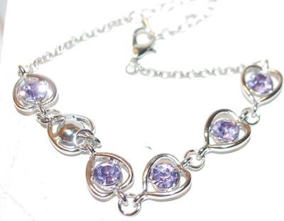 All LAVENDER HEARTS Setting Bracelet (10") on a Silver Tone Chain