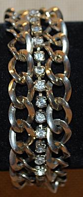 Vintage Style Chain Link Bracelet (6" L) with Full Length Middle Row of Clear Round Stones & SNAP Closure
