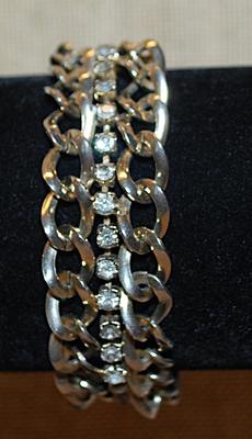 Vintage Style Chain Link Bracelet (6" L) with Full Length Middle Row of Clear Round Stones & SNAP Closure