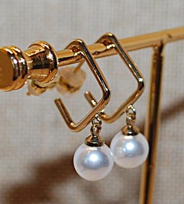 Dangling Faux Pearl & Open Square Setting Earrings (½" x ½") with a Stud Clasp