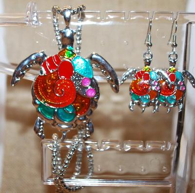JEWELRY SET Includes Very Colorful TURTLE Earrings (1¼" x 1") with Wire Hook Clasp & PENDANT (2¾" x 2¼") on a...