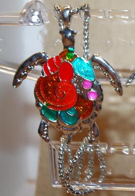 JEWELRY SET Includes Very Colorful TURTLE Earrings (1¼" x 1") with Wire Hook Clasp & PENDANT (2¾" x 2¼") on a...