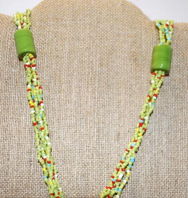 Lots of Greens Necklace with Red Speckle Beads and Dangles 36" L