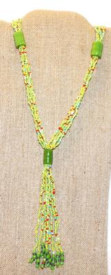 Lots of Greens Necklace with Red Speckle Beads and Dangles 36" L