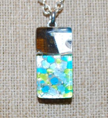 Blues & Greens Acrylic PENDANT (1¾" x ½") PENDANT on a Silver Tone Necklace Chain 19" L
