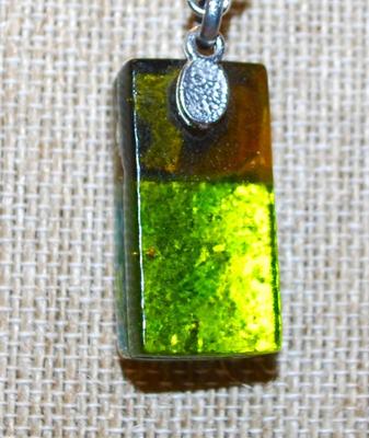 Blues & Greens Acrylic PENDANT (1¾" x ½") PENDANT on a Silver Tone Necklace Chain 19" L