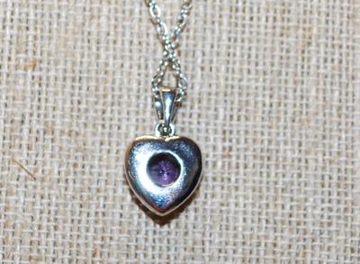Deep Purple Round Stone on a Heart Setting PENDANT (¾" x ½") with a Silver Tone Necklace Chain 18" L