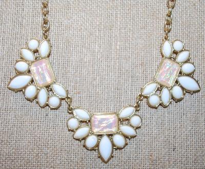 3 Section Necklace with White Opaque & Green/Pink Iridescent Rectangular Accent Stones on Gold Tone Chain 14" L