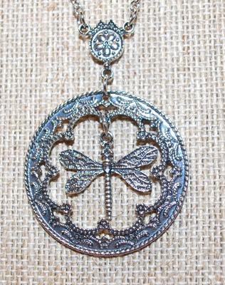 "Dragonfly in a Circle" PENDANT (1½" Diameter) on a Silver Tone Necklace Chain 18" L