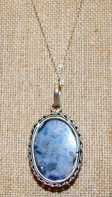 Large Oval Blue & Gray Stone PENDANT (1¼" x 1") on a Silver Tone Necklace Chain 20" L