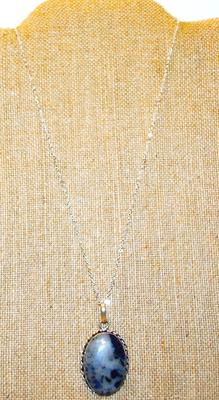 Large Oval Blue & Gray Stone PENDANT (1¼" x 1") on a Silver Tone Necklace Chain 20" L