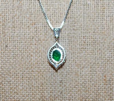 Green Oval Main Stone PENDANT (1" x ½") with Full Clear Stones Surround on a Silver Tone Necklace Chain 17" L
