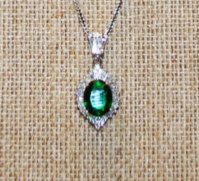 Green Oval Main Stone PENDANT (1" x ½") with Full Clear Stones Surround on a Silver Tone Necklace Chain 17" L