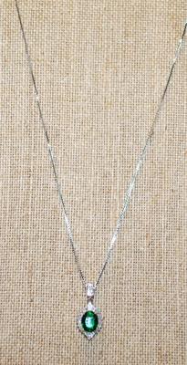 Green Oval Main Stone PENDANT (1" x ½") with Full Clear Stones Surround on a Silver Tone Necklace Chain 17" L