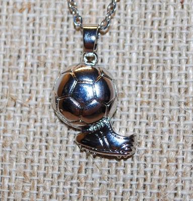 Fun Soccer Ball & Cleated Shoe PENDANT (1" x ½") on a Silver Tone necklace Chain 18" L