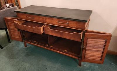 Lot #148 Mid Century Henredon Side Cabinet - Louvered Doors