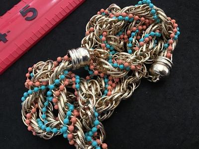 Gold Tone Chain Braided With Turquoise and Coral Tone Chains