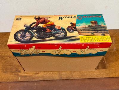 Vintage 1950's World Champion Motorcycle NEW CONDITION with original box Japanese Battery Operated Toy RARE
