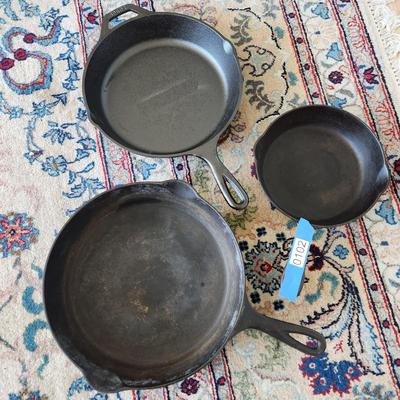 3 cast Iron Pans Erie 9b , 8.5 , Lodge 9, + 1 French Fish Pan