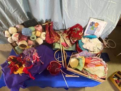 READY TO GO QUILT CUT OUTS, EMBROIDERY THREAT, A HUGE BOX OF CROQUET OR KNITTING THREAD AND MORE!