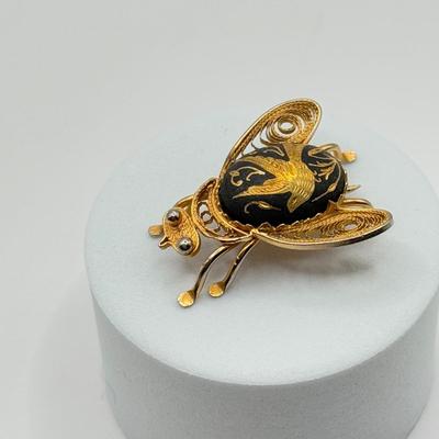LOT 88J: Vintage Damascene Fly Bug Goldtone Filigree Brooch