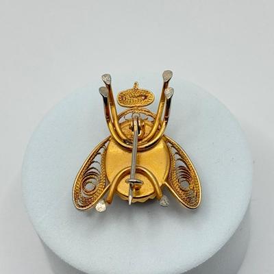 LOT 88J: Vintage Damascene Fly Bug Goldtone Filigree Brooch