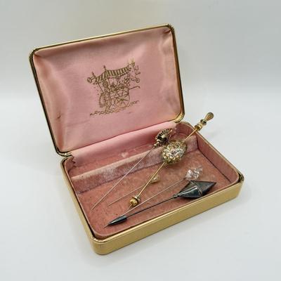 LOT 95J: Vintage Gold Plated Stick Pins & More w/ Vintage Jewelry Case