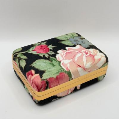 LOT 107J: Collection of Jewelry w/ Vanity Brush in Black Floral Jewlery Case