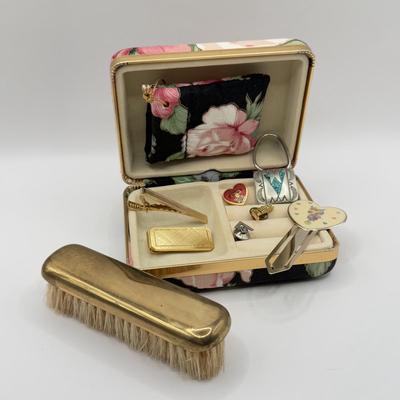 LOT 107J: Collection of Jewelry w/ Vanity Brush in Black Floral Jewlery Case