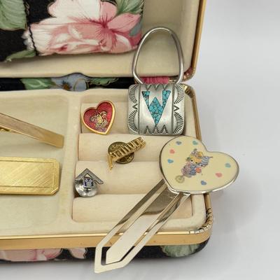 LOT 107J: Collection of Jewelry w/ Vanity Brush in Black Floral Jewlery Case