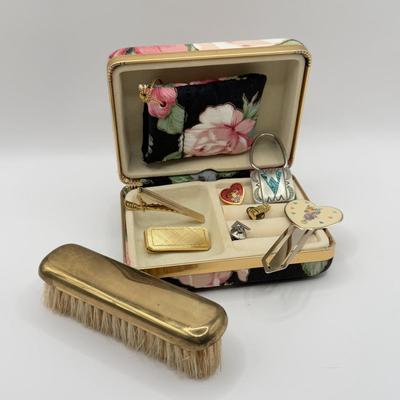 LOT 107J: Collection of Jewelry w/ Vanity Brush in Black Floral Jewlery Case