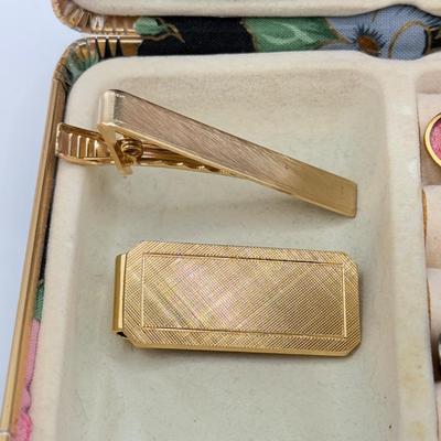 LOT 107J: Collection of Jewelry w/ Vanity Brush in Black Floral Jewlery Case