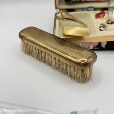 LOT 107J: Collection of Jewelry w/ Vanity Brush in Black Floral Jewlery Case